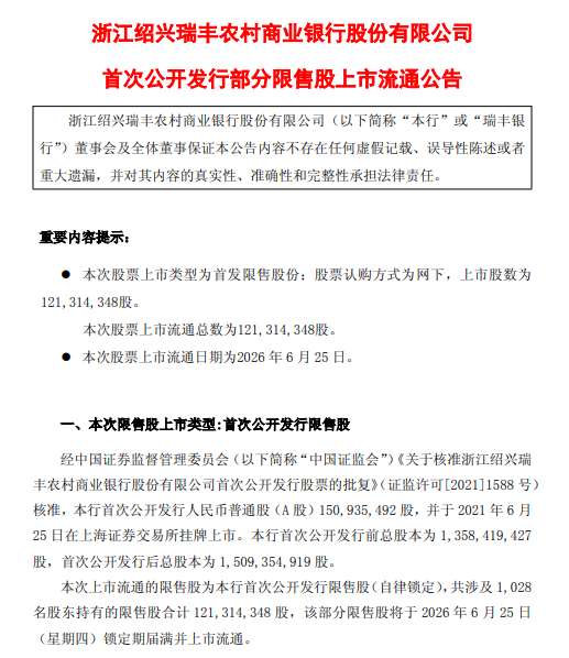 瑞丰银行:1.21亿股首发限售股将于6月25日上市流通